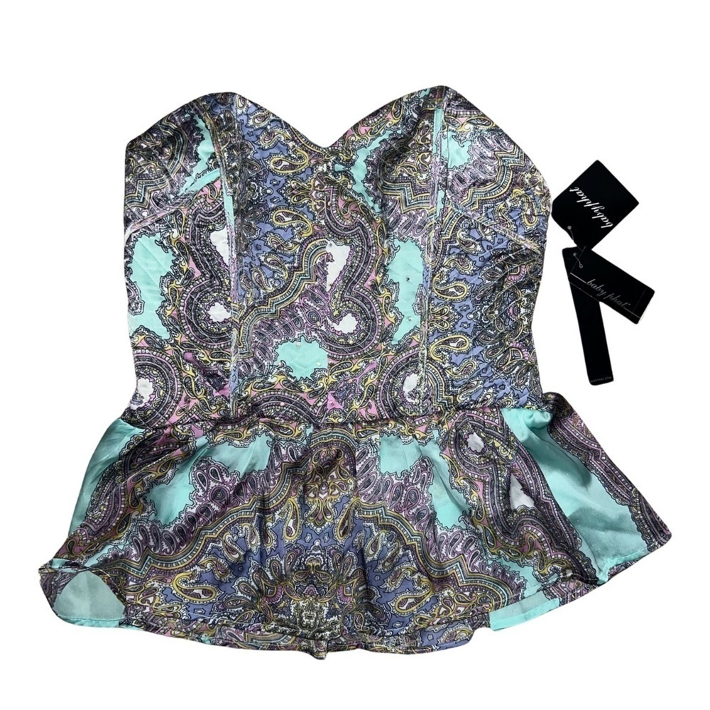 Baby Phat Strapless Peplum Top in Aqua Paisley